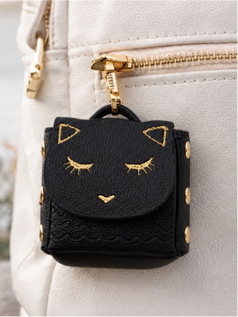Black Kitty Coin Pouch Earbud Case Faux Leather Gold Hardware